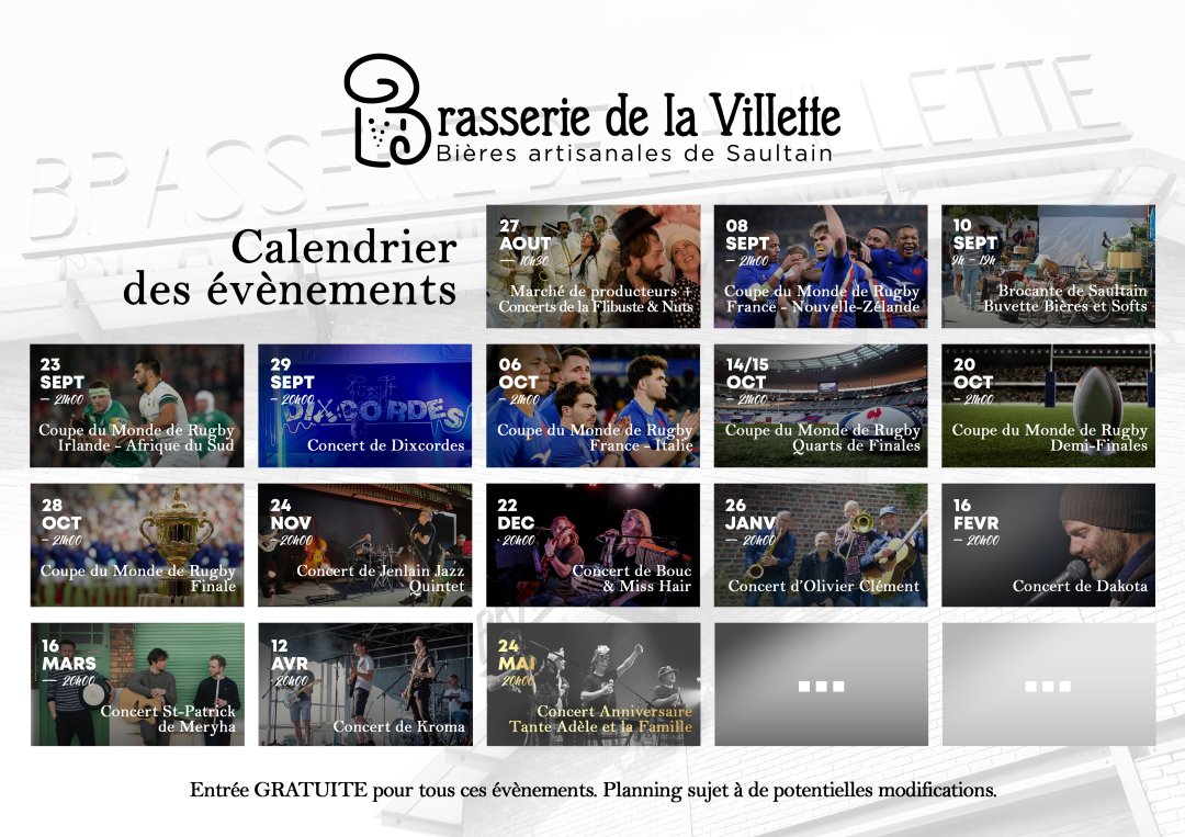 Calendrier des évènements à la Brasserie !