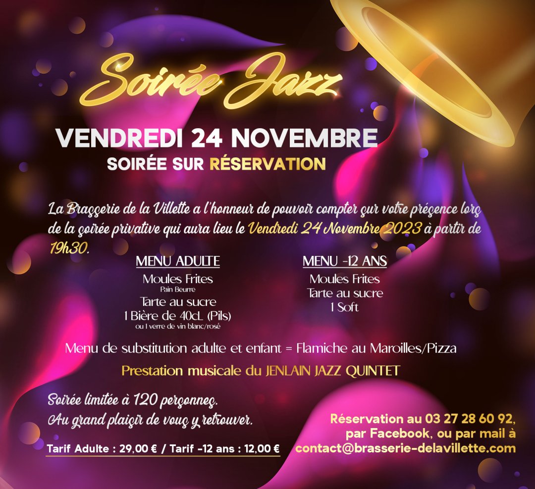 Soirée Jazz sur réservation le 24 Novembre 2023